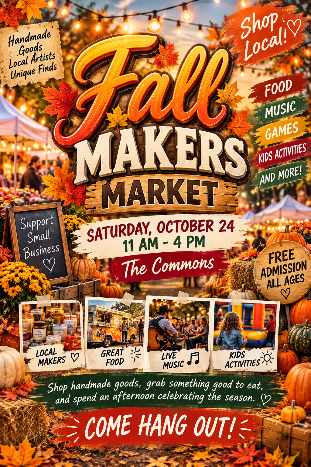 Before: the Fall Makers Market flyer with glossy script lettering, a wooden sign, brush-stroke banners, a chalkboard, taped photo strip, pumpkins, and leaves crowding every edge.