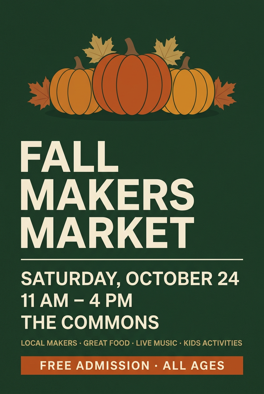Draft 02 of the Fall Makers Market flyer: one clear title, a single seasonal visual system, and a clear date, time, and location block.